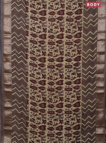 Semi chanderi saree beige and brown shade with allover vanaspathi prints and zari woven border
