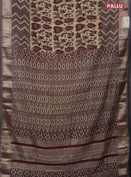 Semi chanderi saree beige and brown shade with allover vanaspathi prints and zari woven border