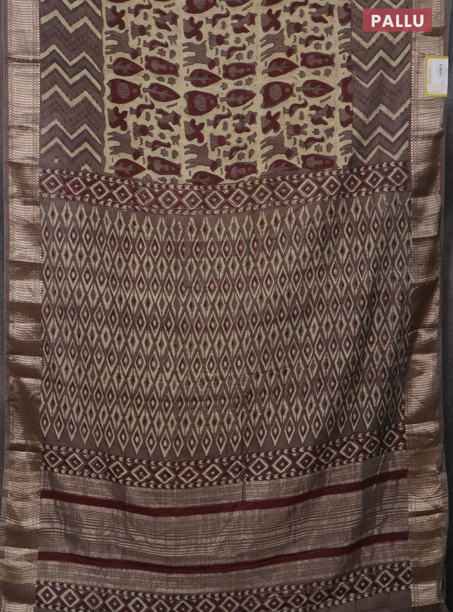 Semi chanderi saree beige and brown shade with allover vanaspathi prints and zari woven border