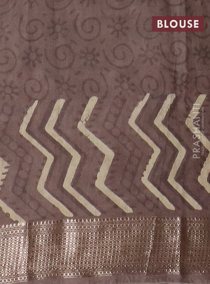 Semi chanderi saree beige and brown shade with allover vanaspathi prints and zari woven border