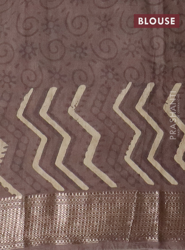 Semi chanderi saree beige and brown shade with allover vanaspathi prints and zari woven border