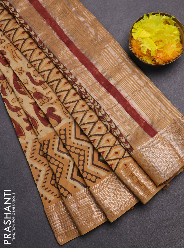 Semi chanderi saree sandal with allover vanaspathi prints and zari woven border