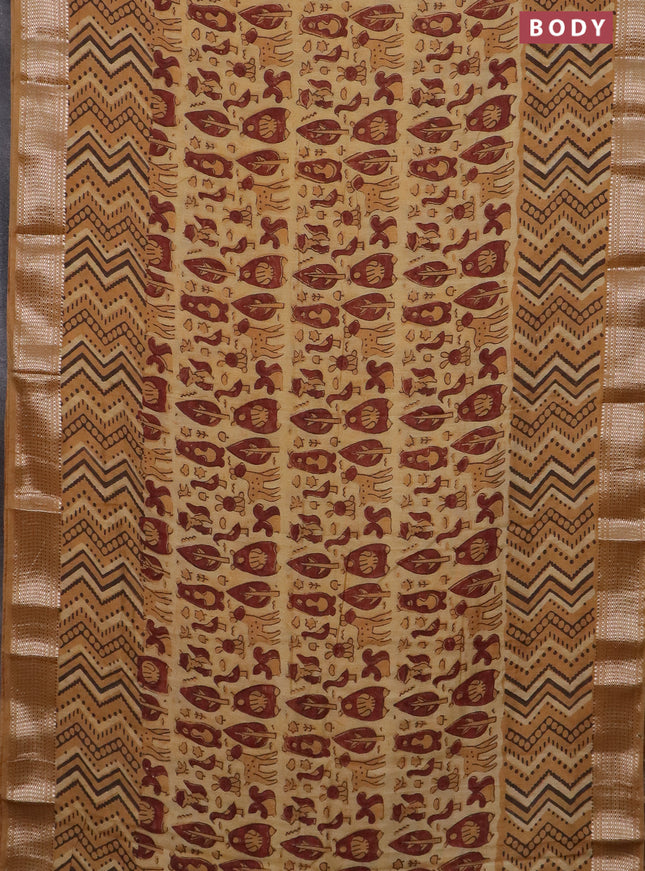 Semi chanderi saree sandal with allover vanaspathi prints and zari woven border