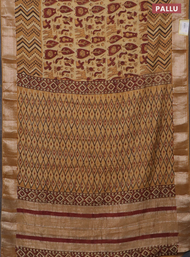 Semi chanderi saree sandal with allover vanaspathi prints and zari woven border