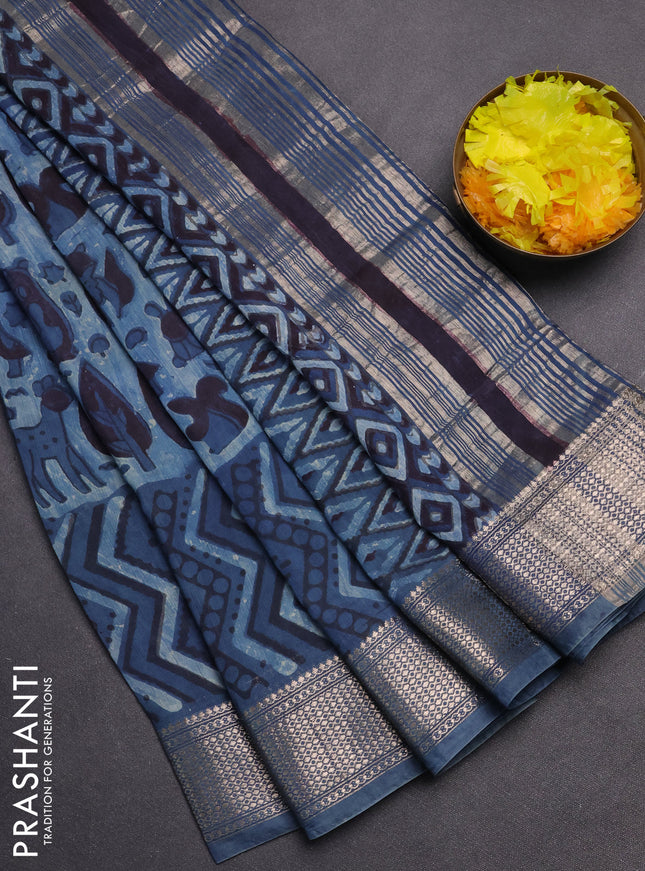 Semi chanderi saree pastel blue and blue with allover vanaspathi prints and zari woven border