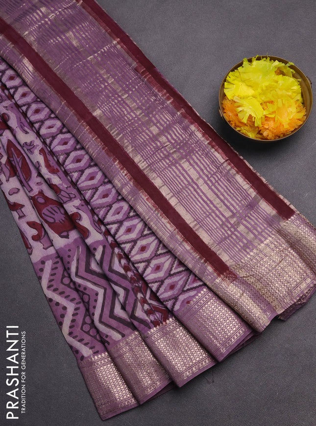 Semi chanderi saree pastel violet with allover vanaspathi prints and zari woven border
