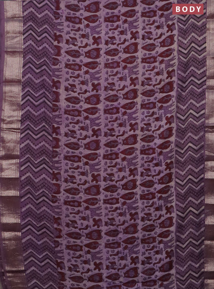 Semi chanderi saree pastel violet with allover vanaspathi prints and zari woven border