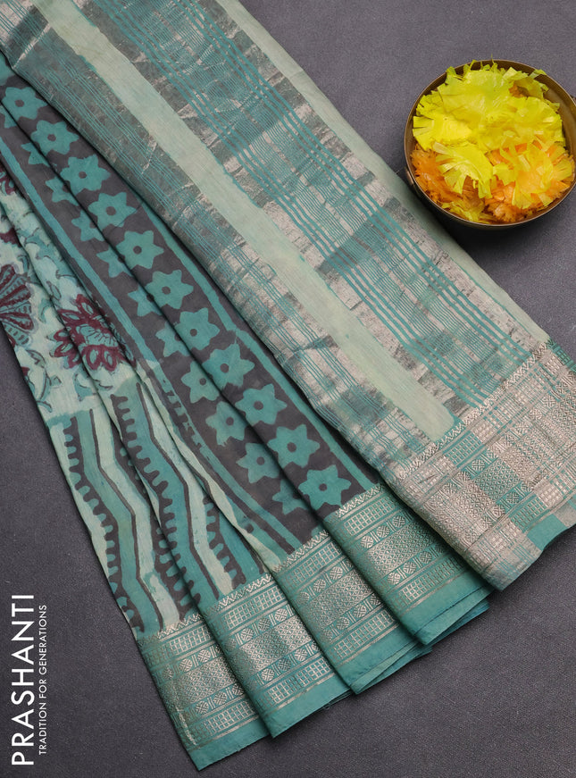 Semi chanderi saree pastel green and teal green with allover vanaspathi prints and zari woven border