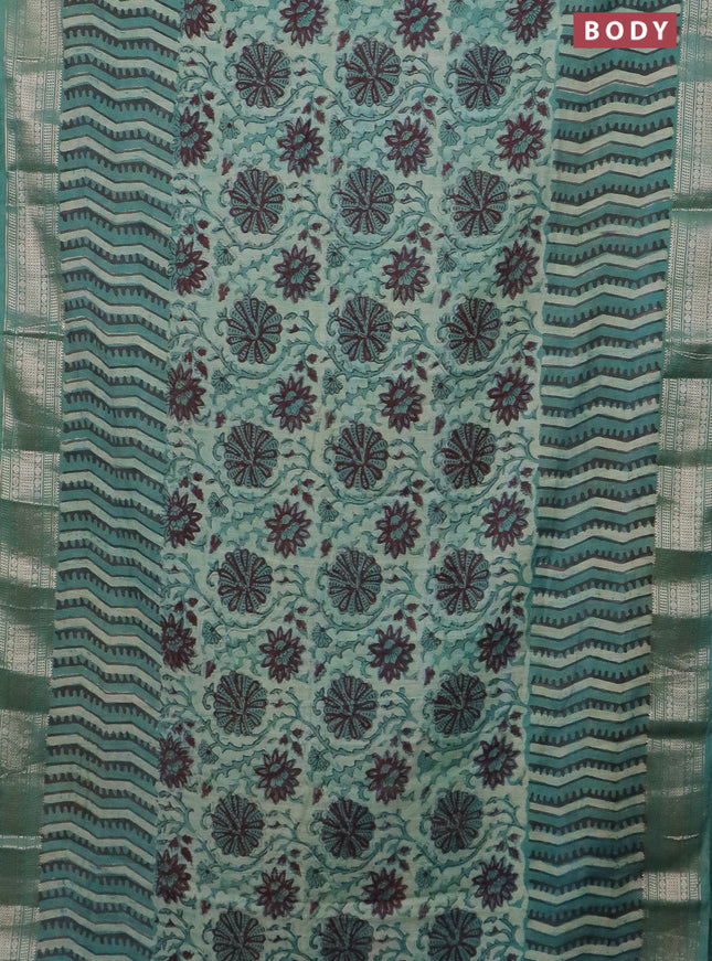 Semi chanderi saree pastel green and teal green with allover vanaspathi prints and zari woven border