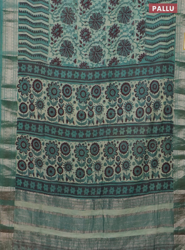 Semi chanderi saree pastel green and teal green with allover vanaspathi prints and zari woven border