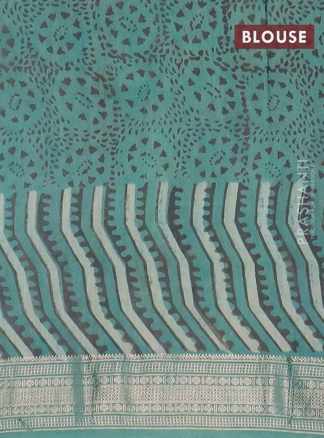 Semi chanderi saree pastel green and teal green with allover vanaspathi prints and zari woven border