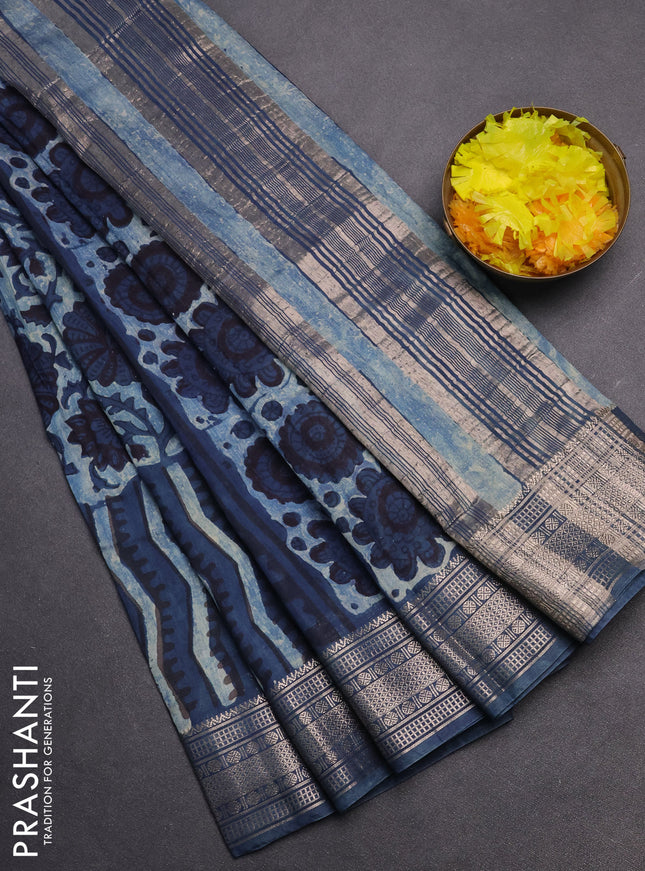 Semi chanderi saree pastel blue and blue with allover vanaspathi prints and zari woven border