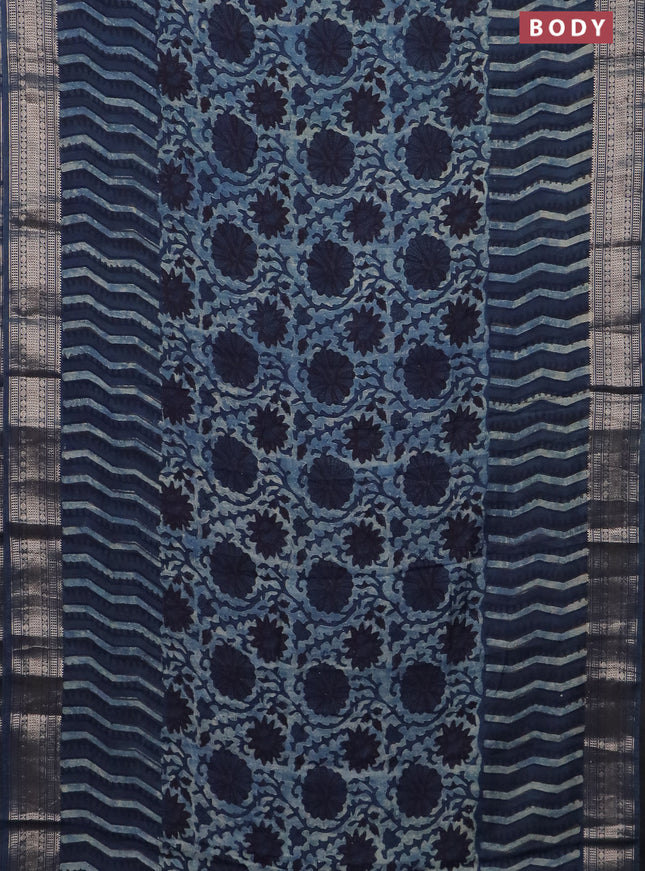 Semi chanderi saree pastel blue and blue with allover vanaspathi prints and zari woven border