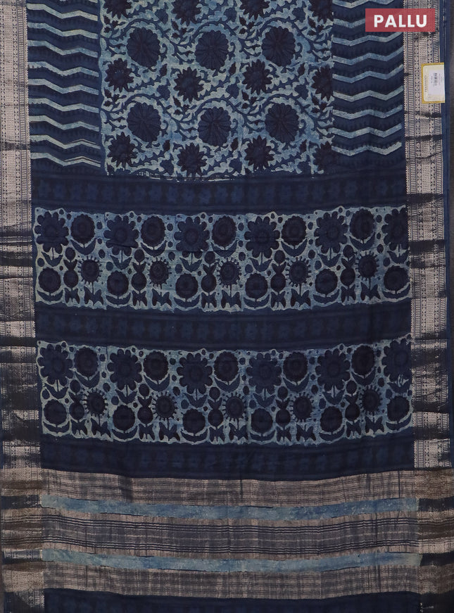 Semi chanderi saree pastel blue and blue with allover vanaspathi prints and zari woven border