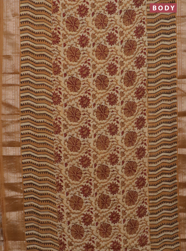 Semi chanderi saree sandal and dark mustard with allover vanaspathi prints and zari woven border