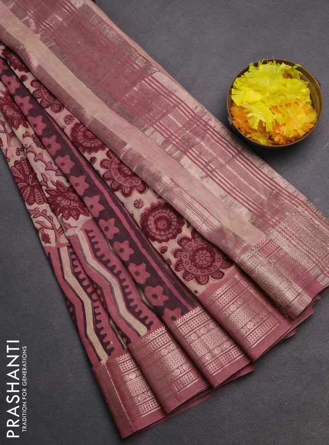 Semi chanderi saree beige and pastel pink with allover vanaspathi prints and zari woven border