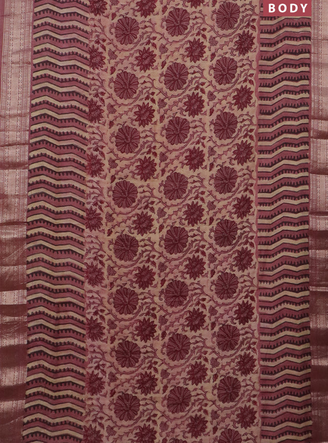 Semi chanderi saree beige and pastel pink with allover vanaspathi prints and zari woven border