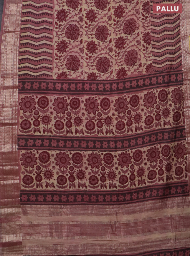 Semi chanderi saree beige and pastel pink with allover vanaspathi prints and zari woven border