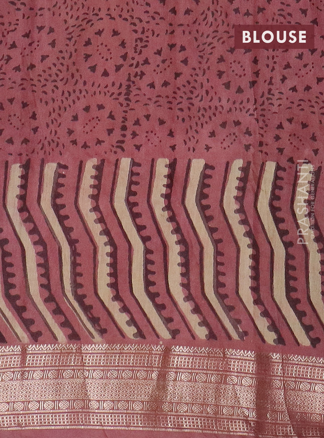 Semi chanderi saree beige and pastel pink with allover vanaspathi prints and zari woven border