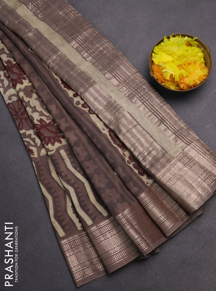 Semi chanderi saree beige and brown shade with allover vanaspathi prints and zari woven border