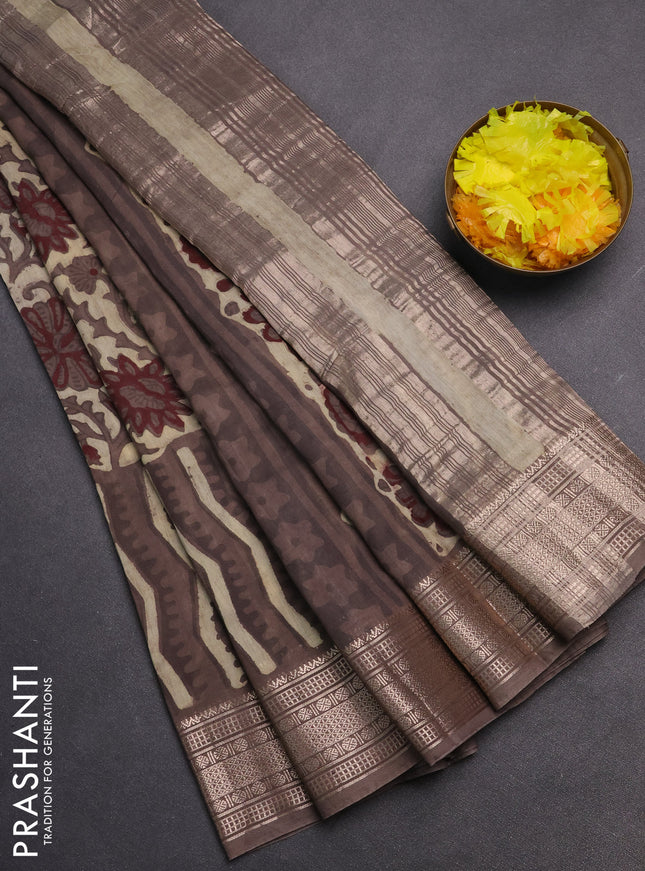 Semi chanderi saree beige and brown shade with allover vanaspathi prints and zari woven border