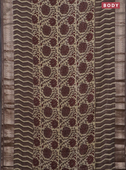 Semi chanderi saree beige and brown shade with allover vanaspathi prints and zari woven border