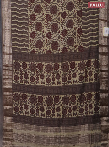 Semi chanderi saree beige and brown shade with allover vanaspathi prints and zari woven border