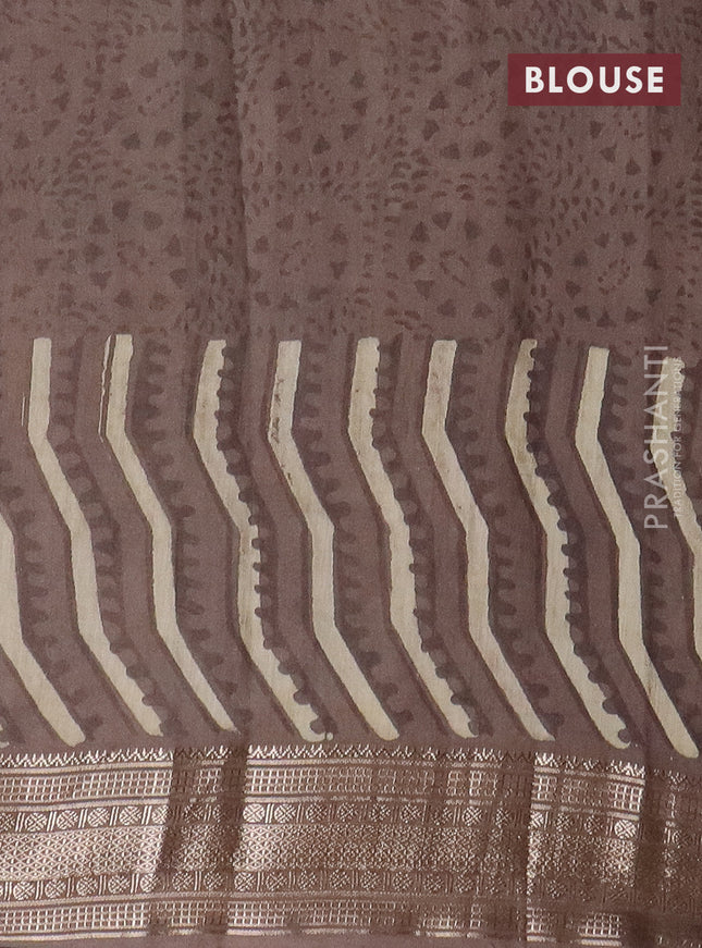 Semi chanderi saree beige and brown shade with allover vanaspathi prints and zari woven border
