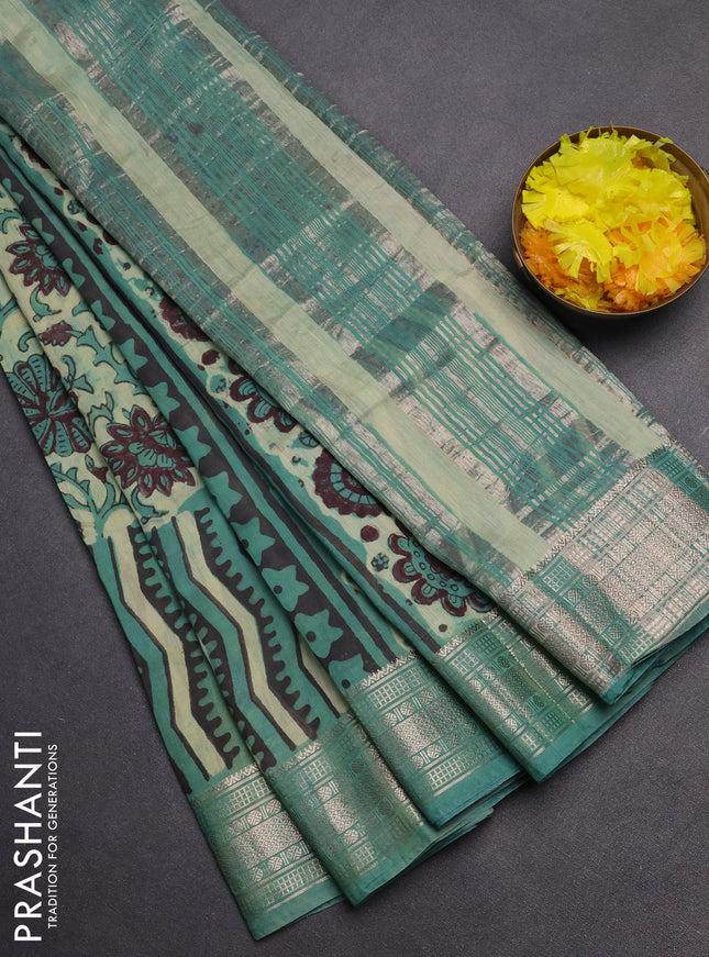 Semi chanderi saree pista green and teal shade with allover vanaspathi prints and zari woven border