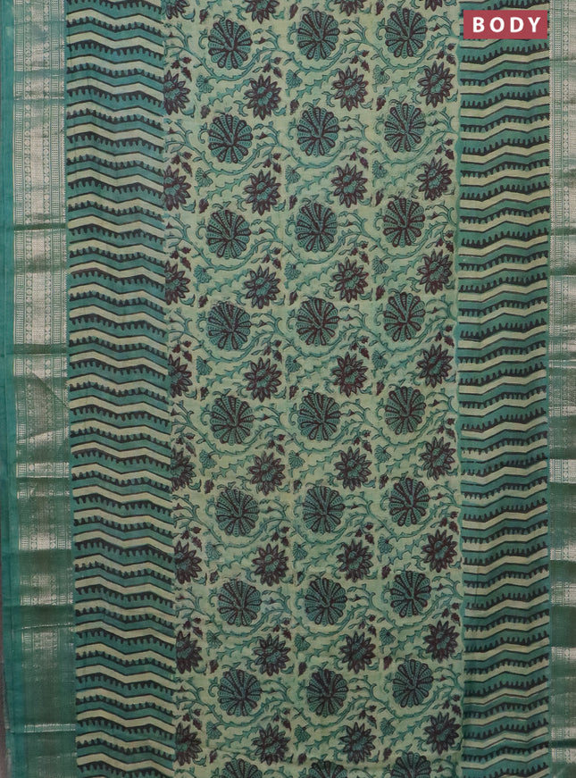 Semi chanderi saree pista green and teal shade with allover vanaspathi prints and zari woven border