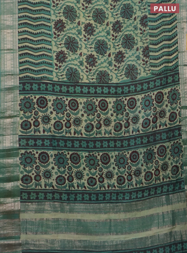 Semi chanderi saree pista green and teal shade with allover vanaspathi prints and zari woven border
