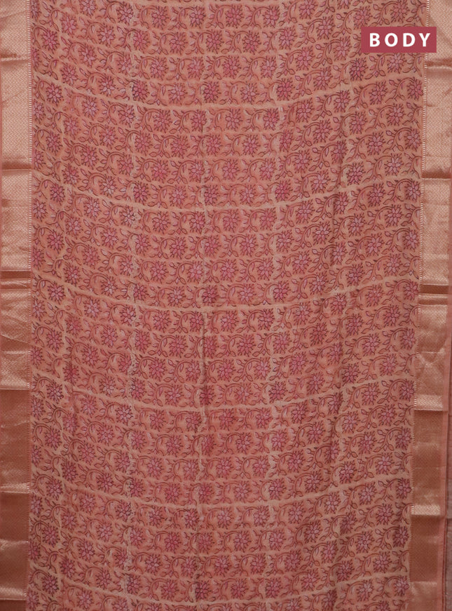 Semi chanderi saree peach orange with allover vanaspathi prints and zari woven border