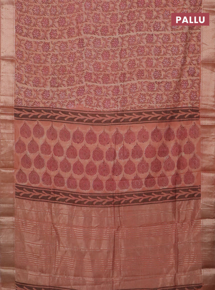 Semi chanderi saree peach orange with allover vanaspathi prints and zari woven border