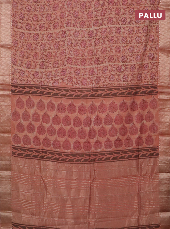 Semi chanderi saree peach orange with allover vanaspathi prints and zari woven border