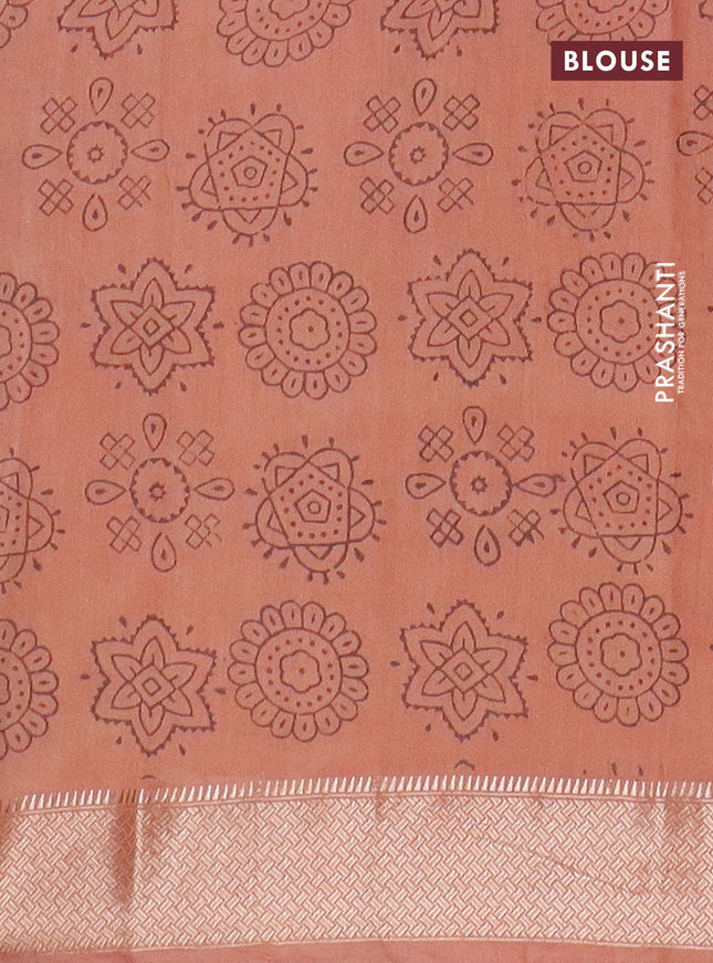 Semi chanderi saree peach orange with allover vanaspathi prints and zari woven border