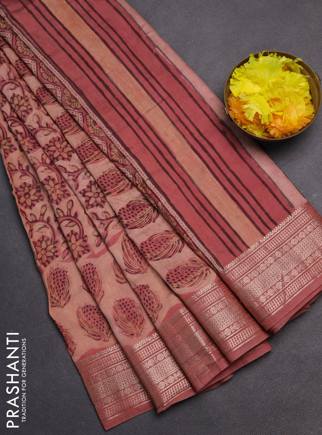 Semi chanderi saree pastel peach with allover vanaspathi prints and zari woven border