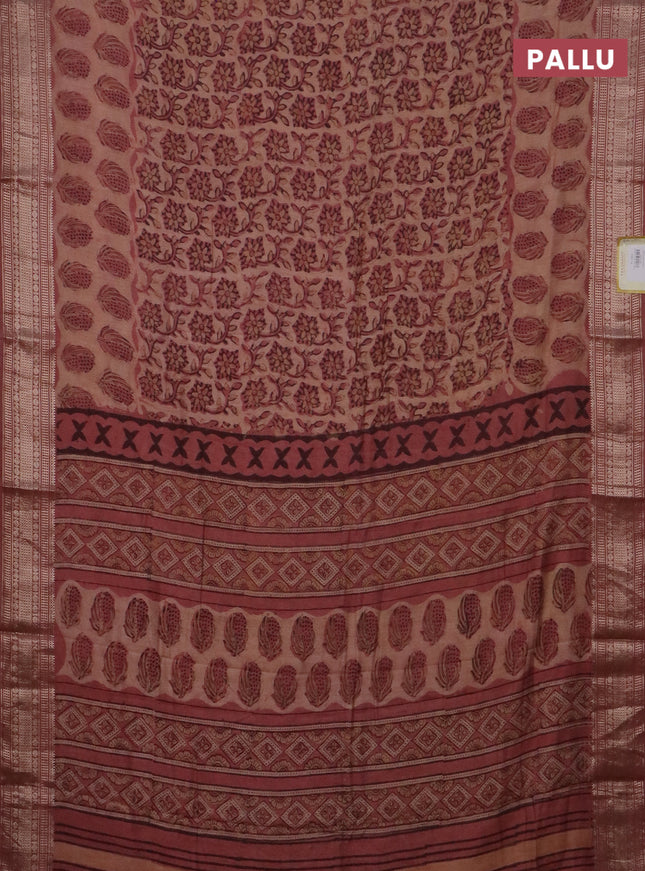 Semi chanderi saree pastel peach with allover vanaspathi prints and zari woven border