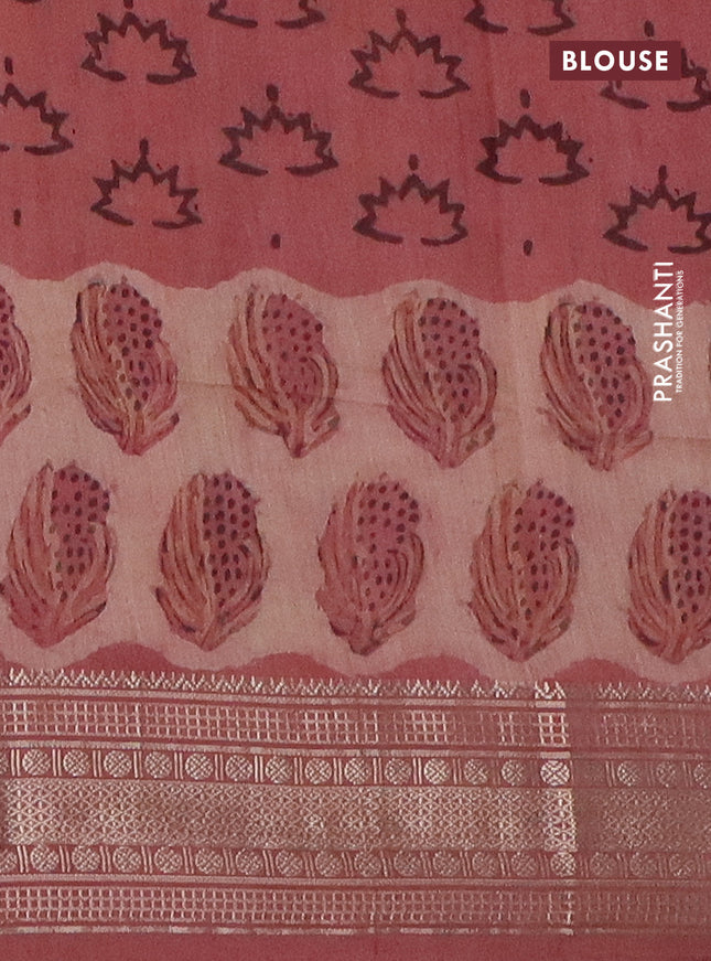 Semi chanderi saree pastel peach with allover vanaspathi prints and zari woven border