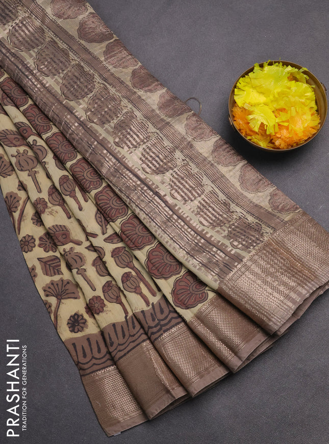 Semi chanderi saree beige and grey shade with allover vanaspathi prints and zari woven border