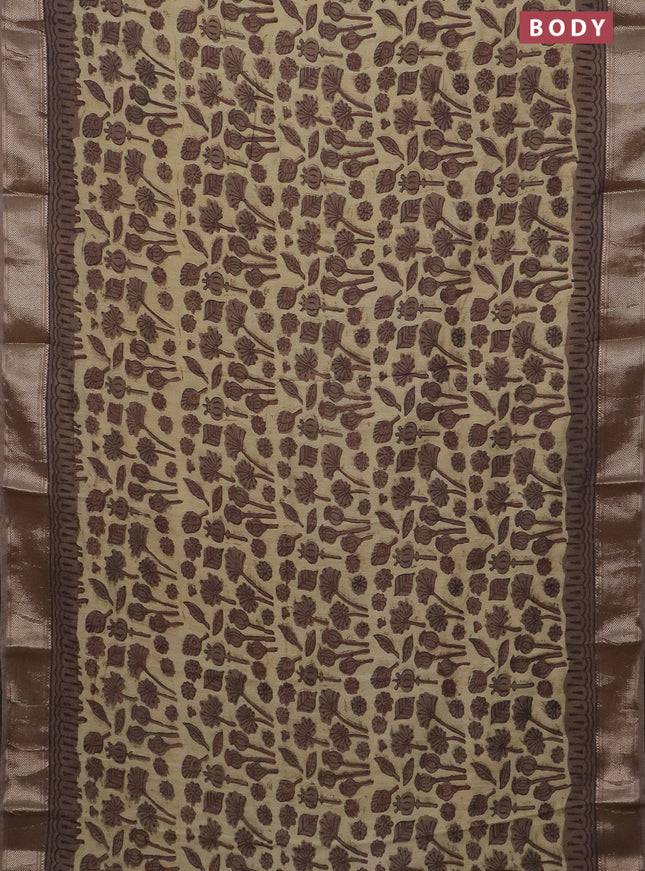 Semi chanderi saree beige and grey shade with allover vanaspathi prints and zari woven border