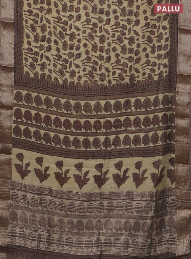 Semi chanderi saree beige and grey shade with allover vanaspathi prints and zari woven border
