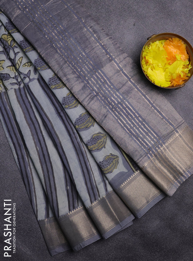 Semi chanderi saree pastel grey and grey with allover vanaspathi prints and zari woven border