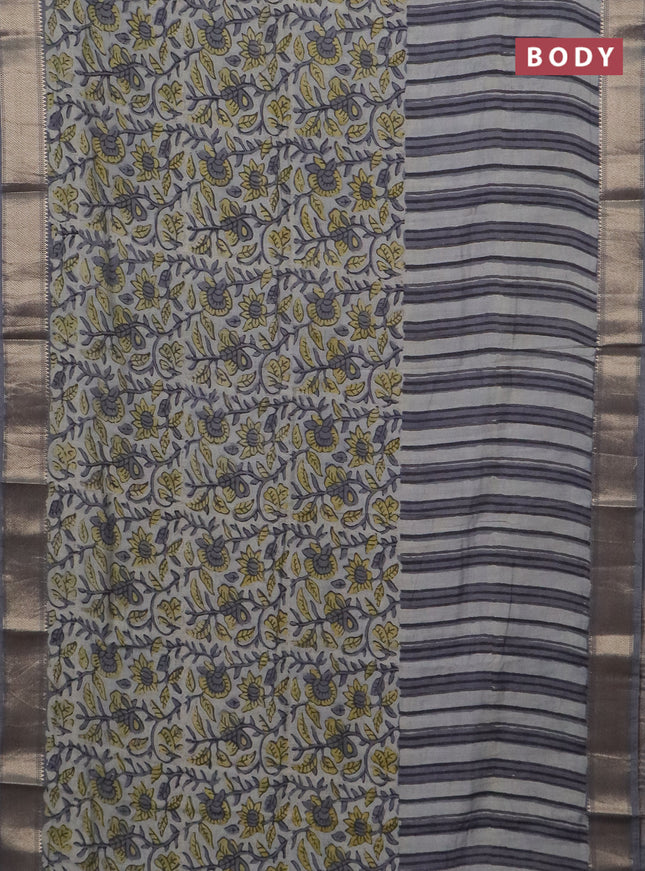 Semi chanderi saree pastel grey and grey with allover vanaspathi prints and zari woven border