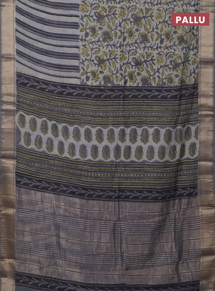 Semi chanderi saree pastel grey and grey with allover vanaspathi prints and zari woven border