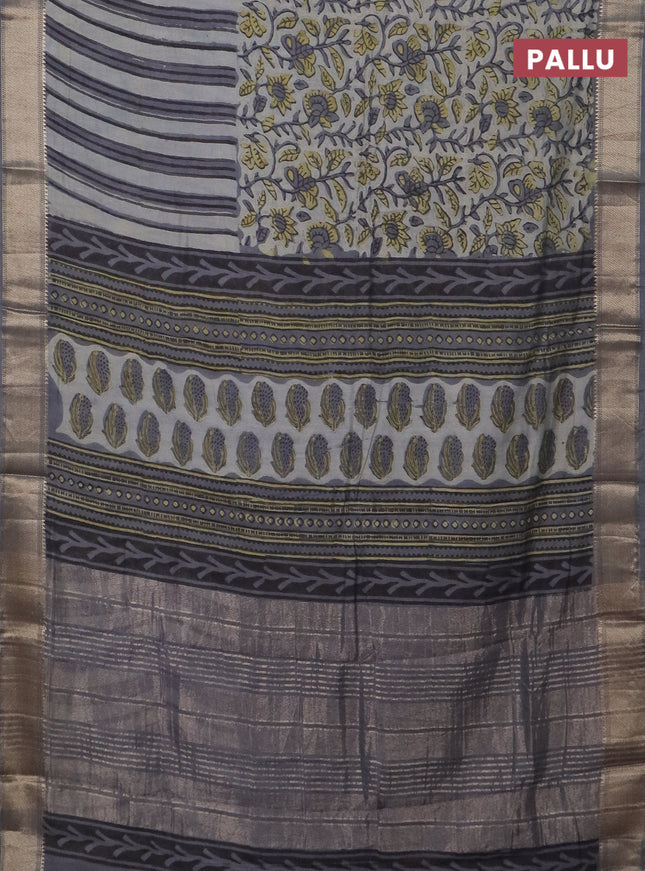 Semi chanderi saree pastel grey and grey with allover vanaspathi prints and zari woven border