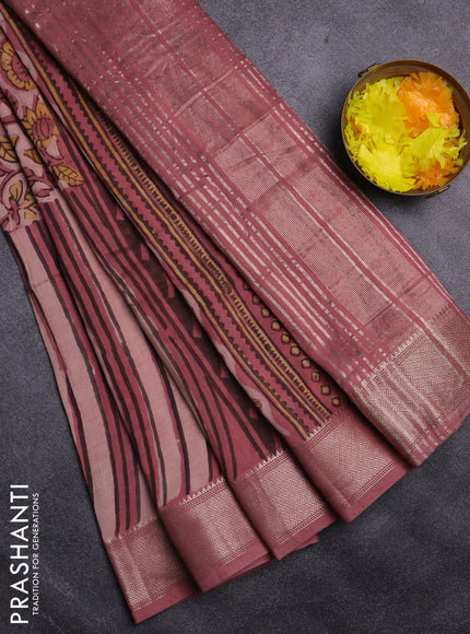 Semi chanderi saree pastel peach and pastel pink shade with allover vanaspathi prints and zari woven border