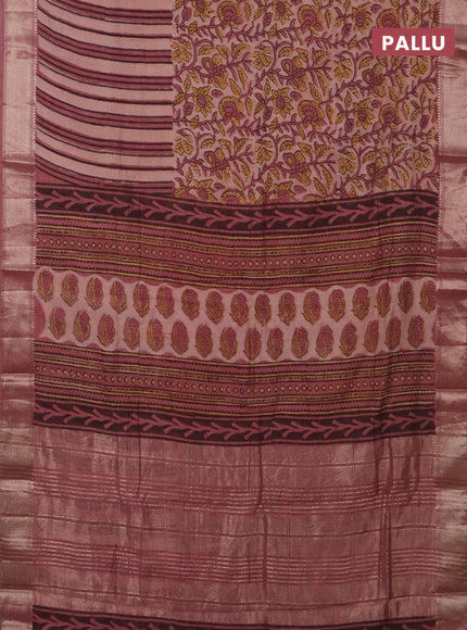 Semi chanderi saree pastel peach and pastel pink shade with allover vanaspathi prints and zari woven border