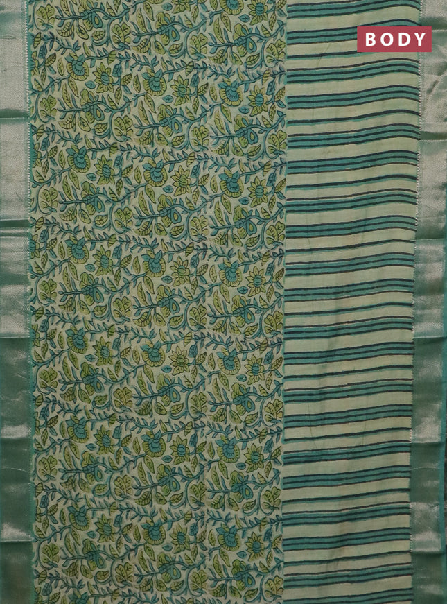 Semi chanderi saree pista green and teal shade with allover vanaspathi prints and zari woven border