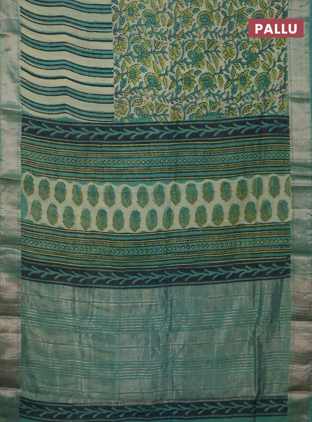 Semi chanderi saree pista green and teal shade with allover vanaspathi prints and zari woven border