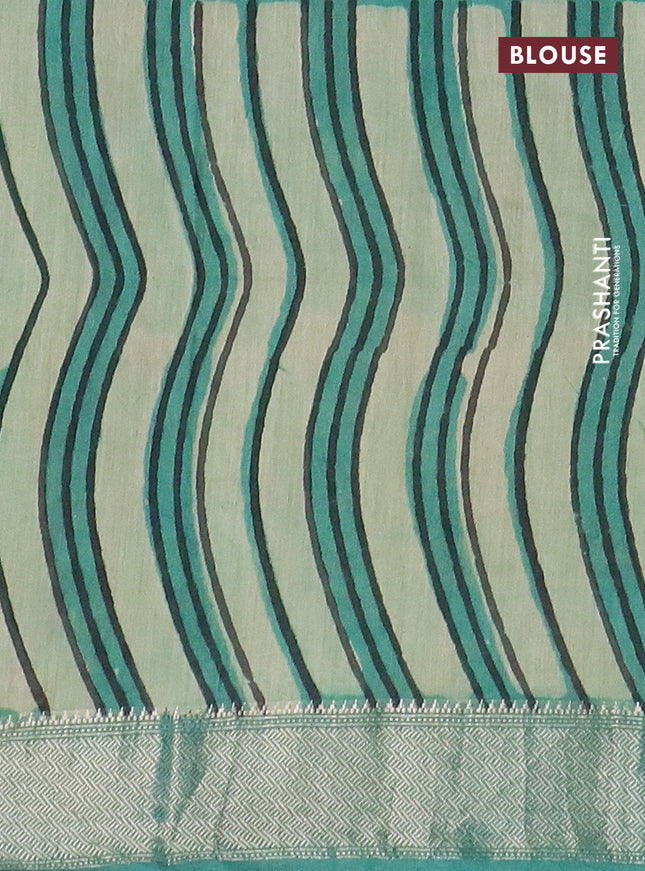 Semi chanderi saree pista green and teal shade with allover vanaspathi prints and zari woven border